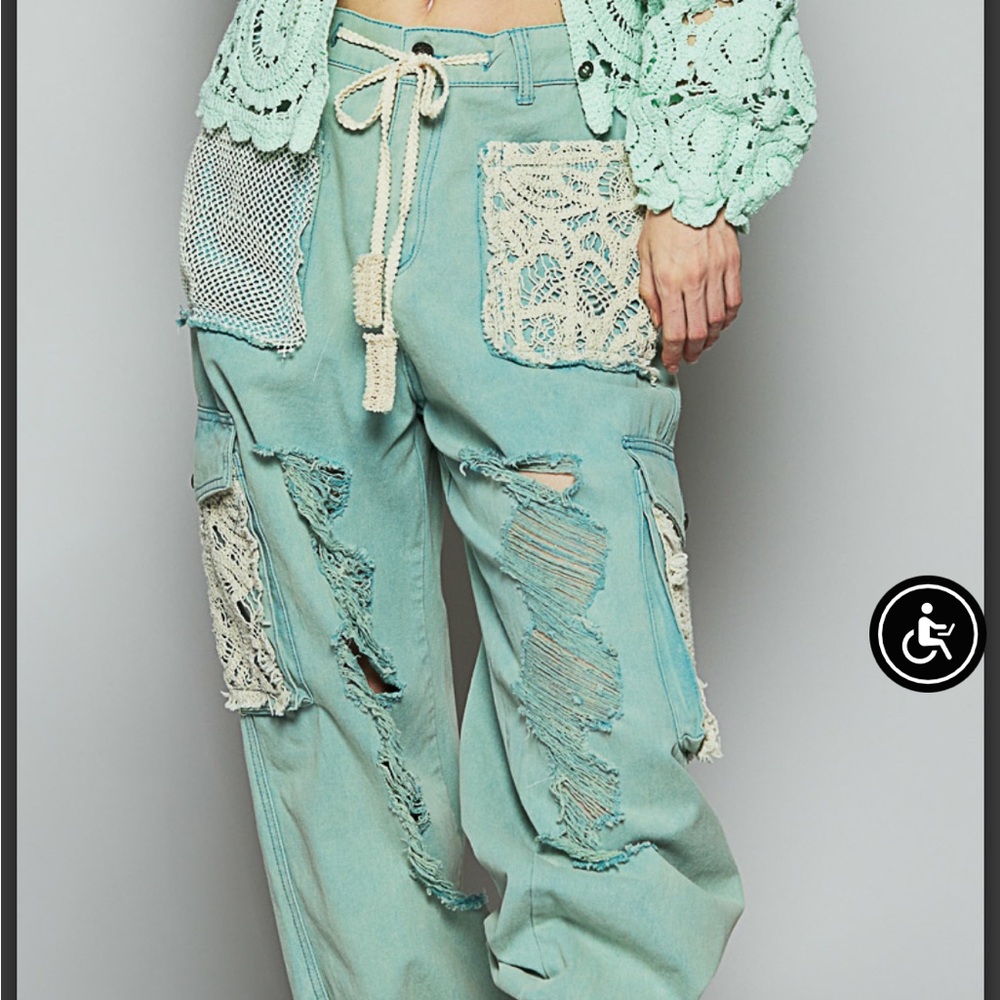 POL Dusty teal Distressed Cargo Pants with Lace Accents